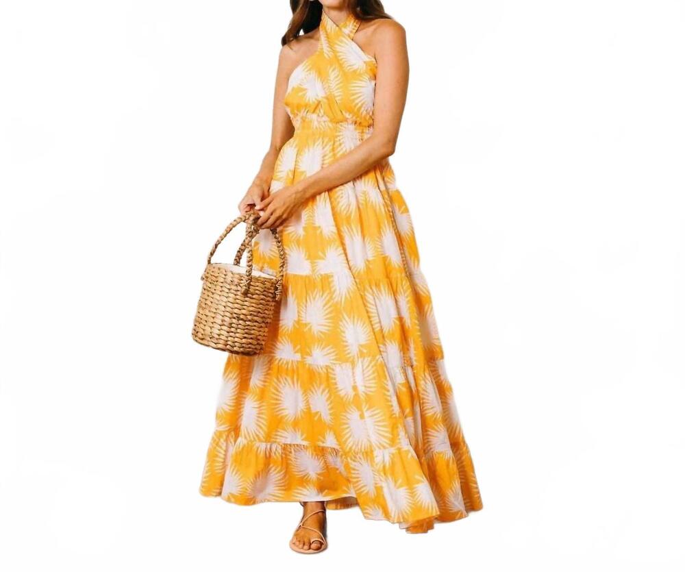 NEW SUNSHINE TIENDA halter capri dress in gold palm geo with gold dot